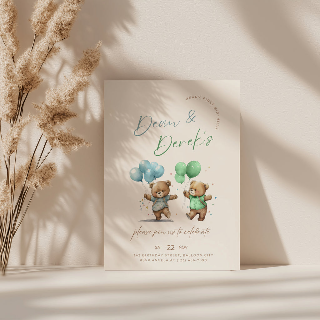 Beary first birthday boy twins invitation with teddy bear illustration and blue and green balloons