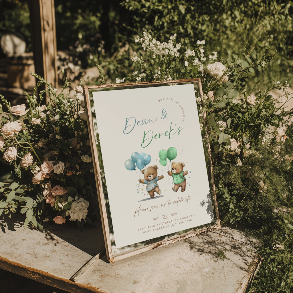 Beary first birthday boy twins invitation with teddy bear illustration and blue and green balloons