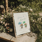 Beary first birthday boy twins invitation with teddy bear illustration and blue and green balloons