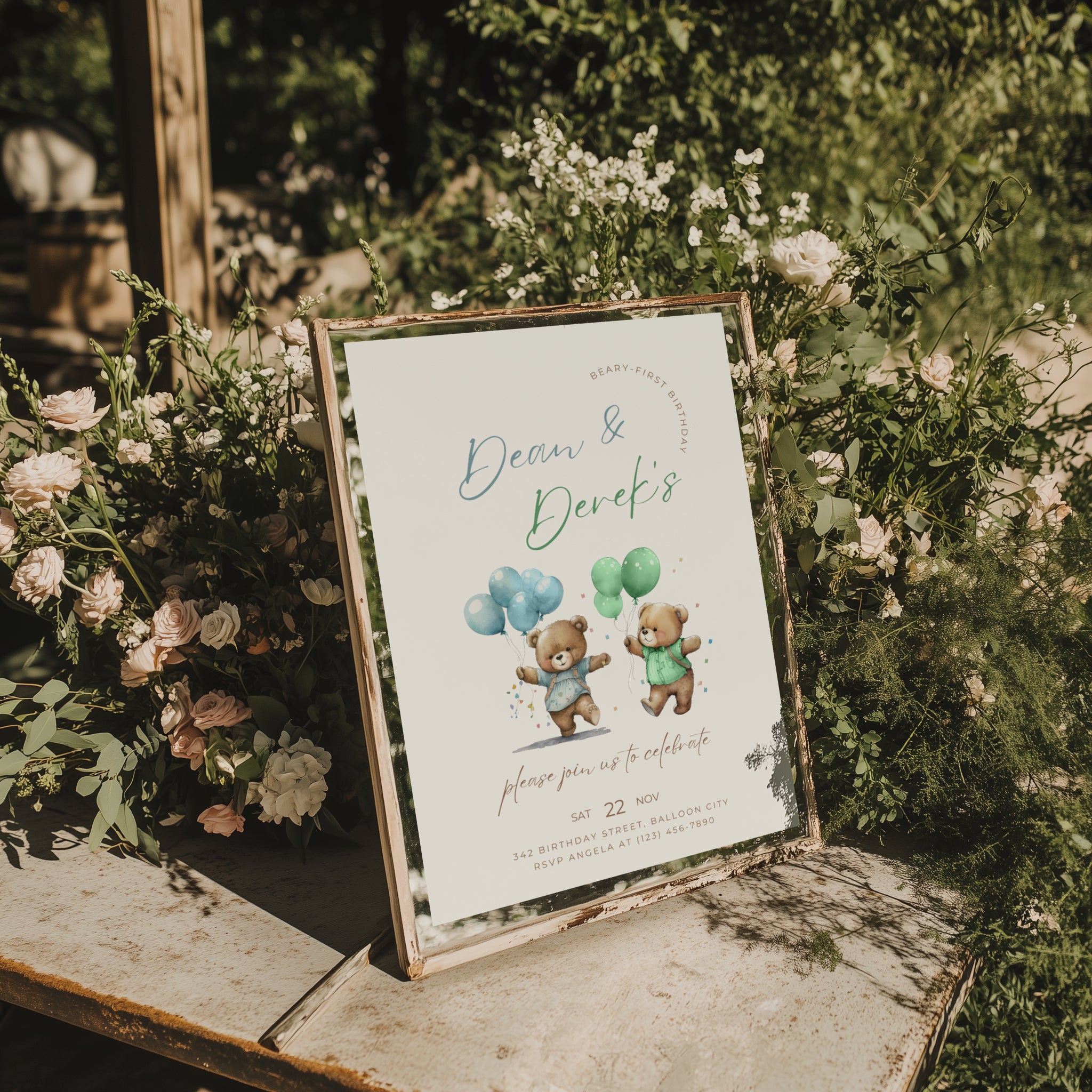 Beary first birthday boy twins invitation with teddy bear illustration and blue and green balloons