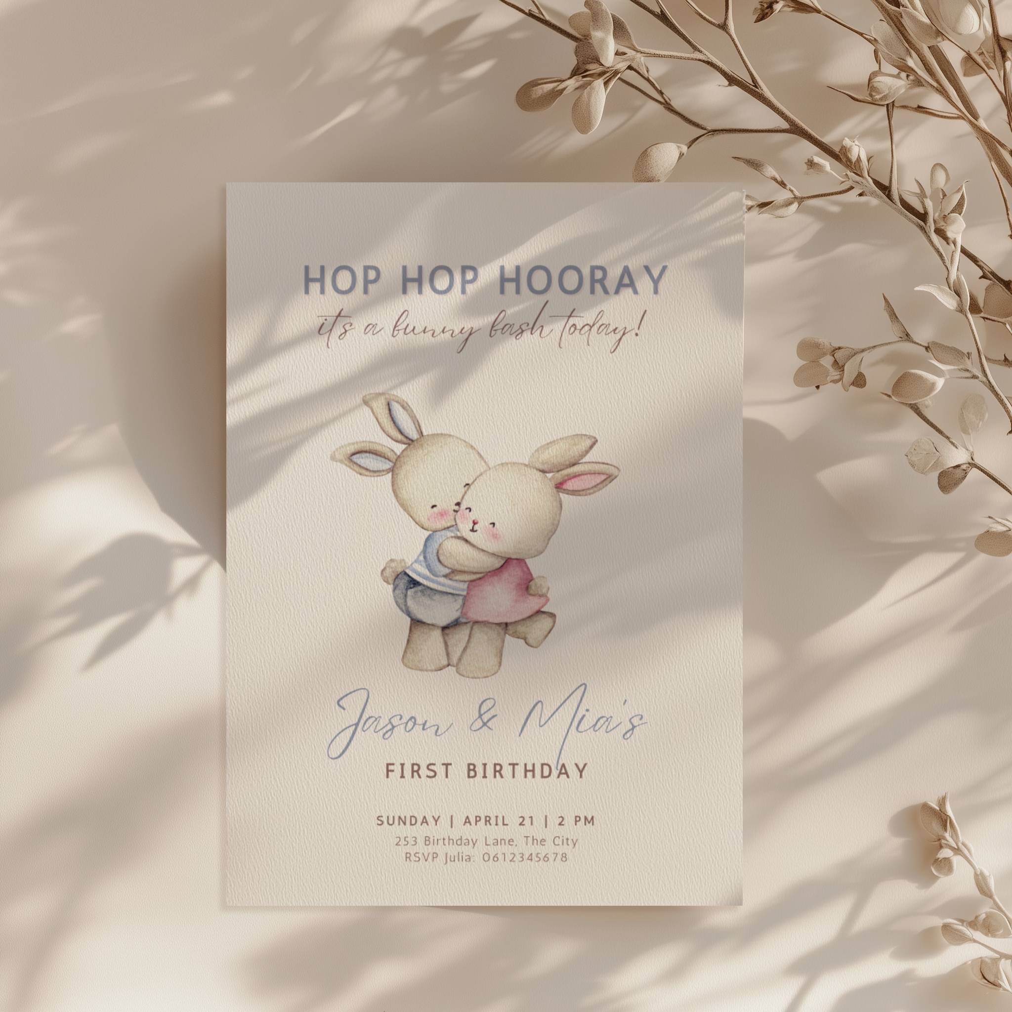 Easter boy girl twin birthday invitation with cute bunny illustration in soft pastel colors