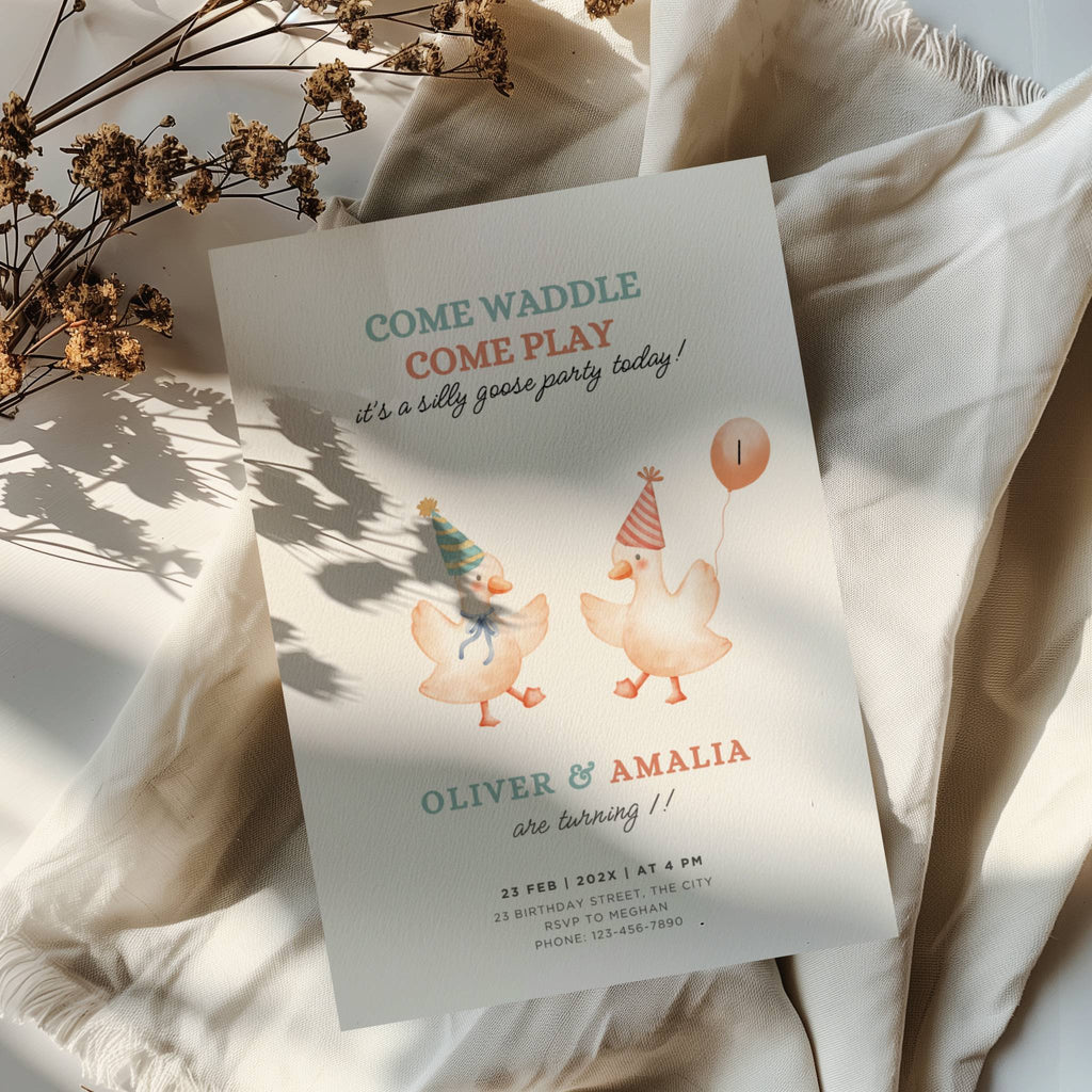 Silly goose twin birthday invitation with cute dancing geese and soft pastel colors