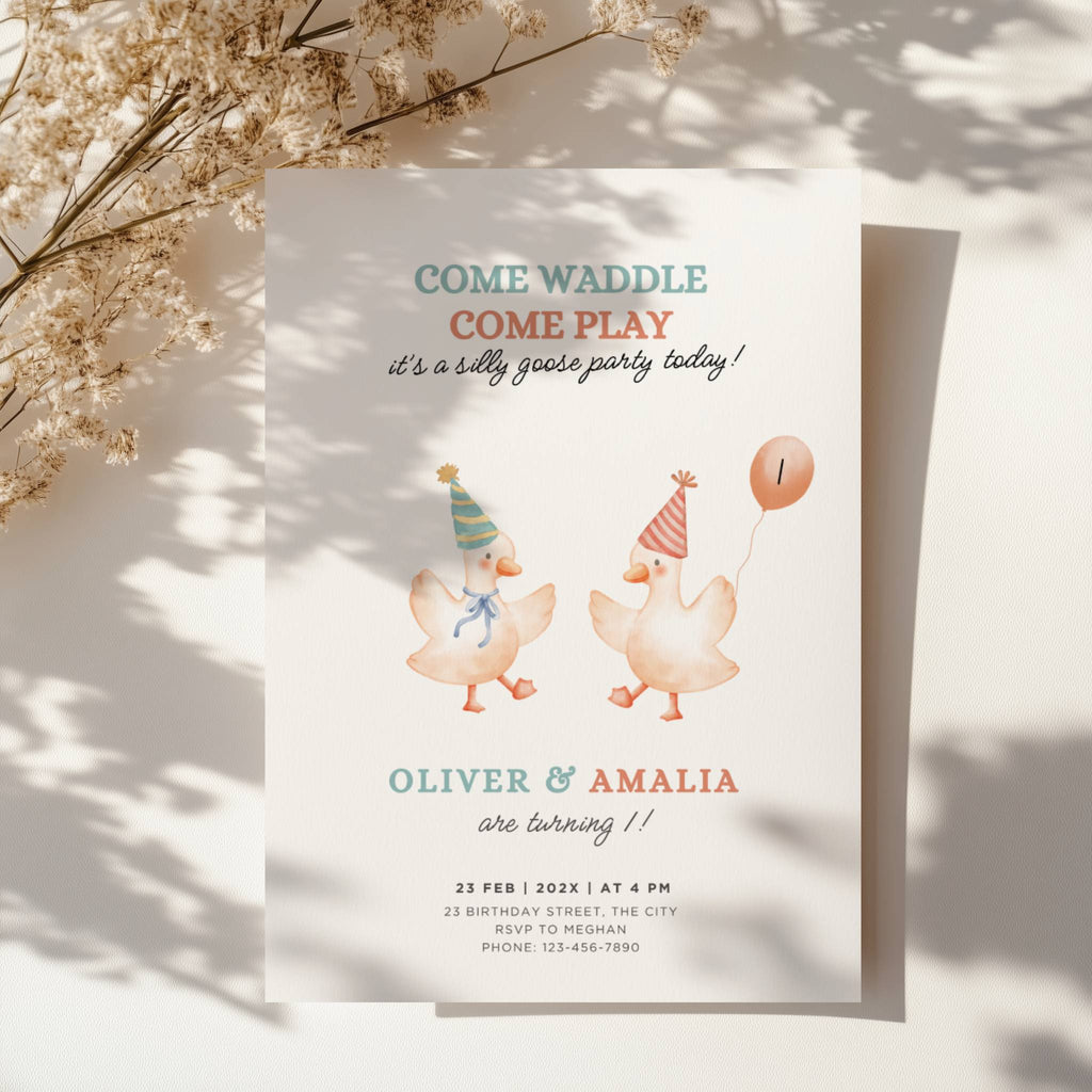 Silly goose twin birthday invitation with cute dancing geese and soft pastel colors