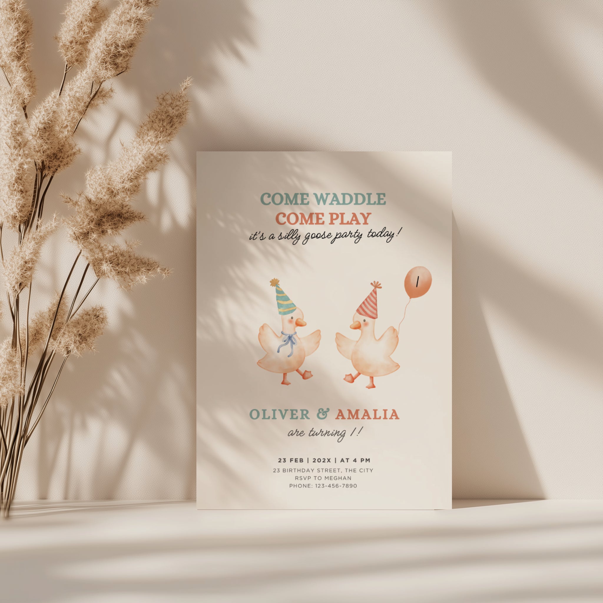 Silly goose twin birthday invitation with cute dancing geese and soft pastel colors