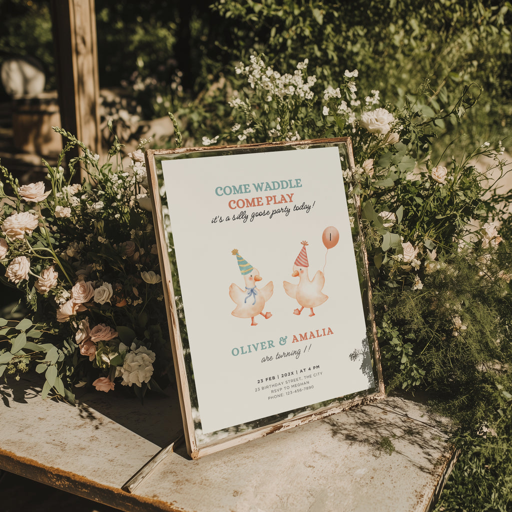 Silly goose twin birthday invitation with cute dancing geese and soft pastel colors