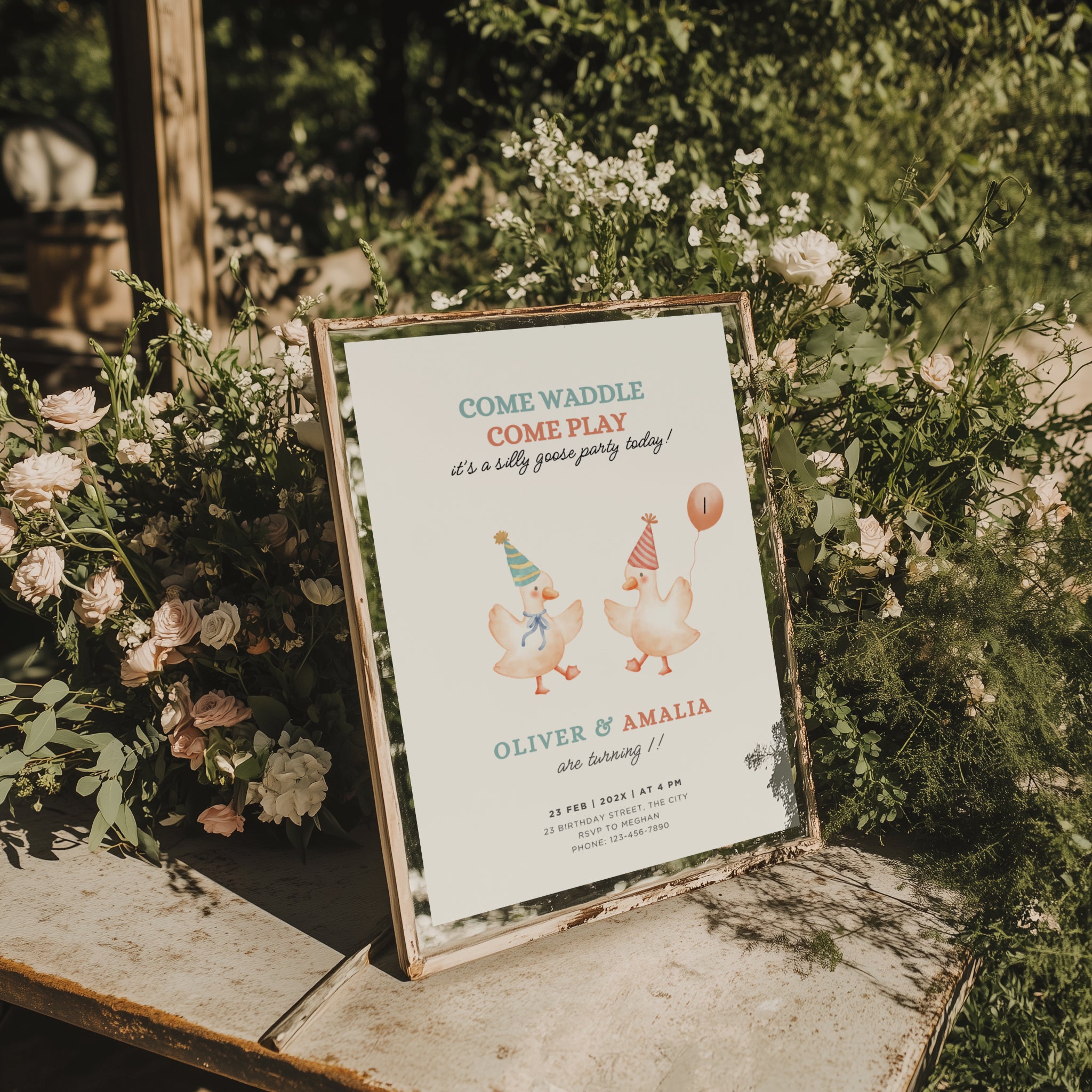 Silly goose twin birthday invitation with cute dancing geese and soft pastel colors