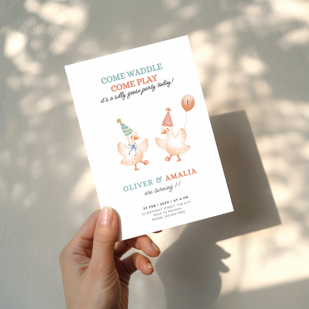 Silly goose twin birthday invitation with cute dancing geese and soft pastel colors