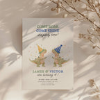 Dinosaur boy twins birthday invitation with cute party dinosaurs and colorful confetti