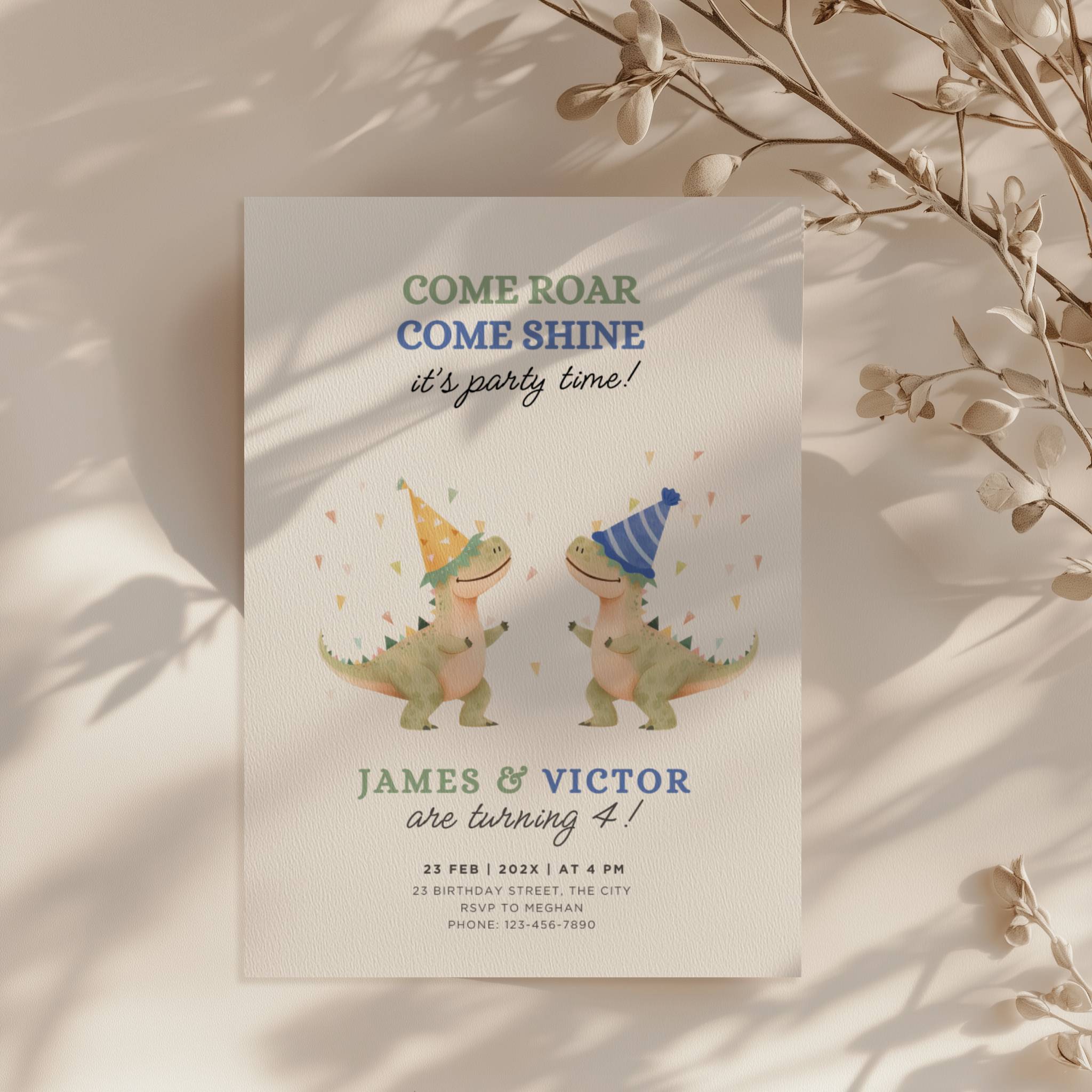 Dinosaur boy twins birthday invitation with cute party dinosaurs and colorful confetti