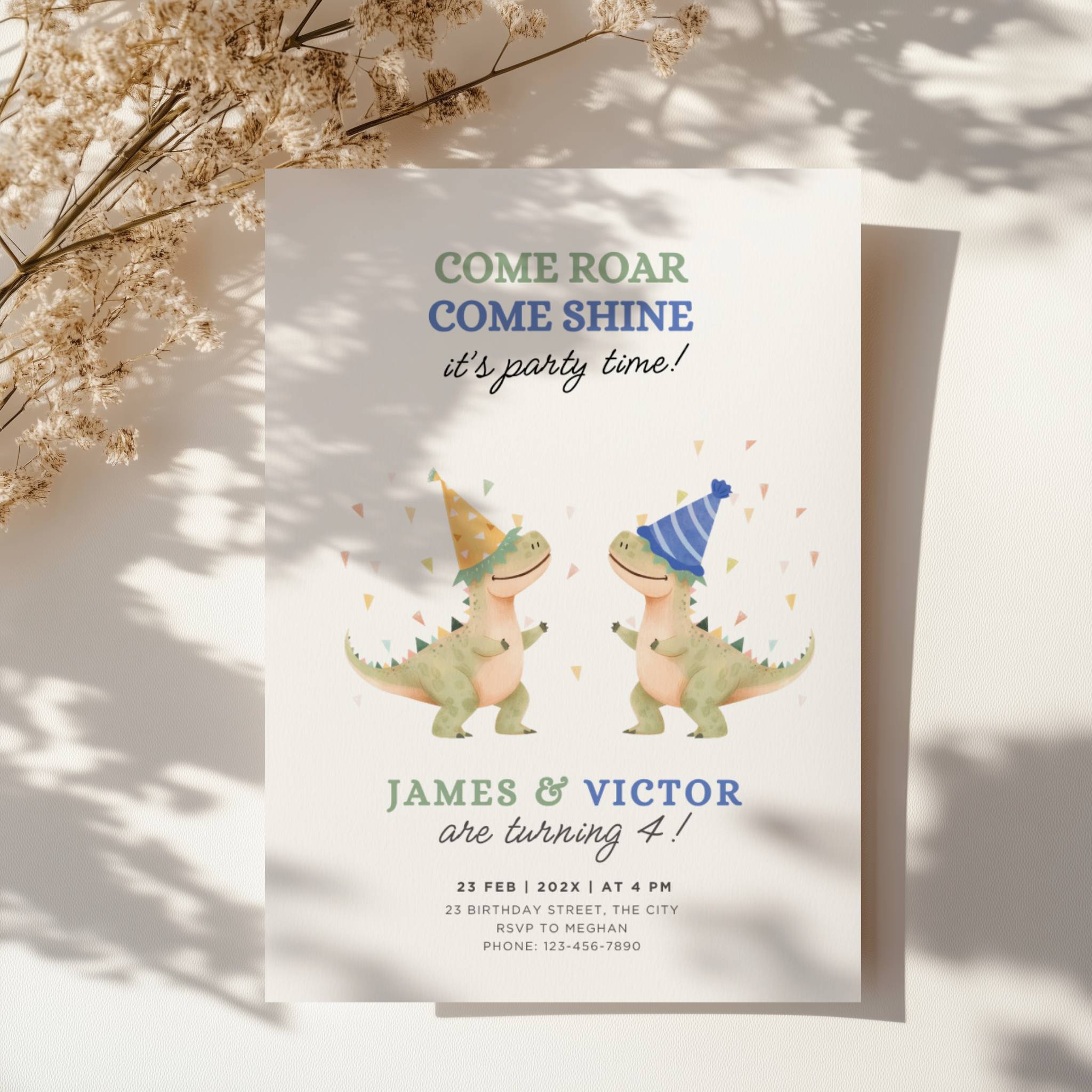 Dinosaur boy twins birthday invitation with cute party dinosaurs and colorful confetti