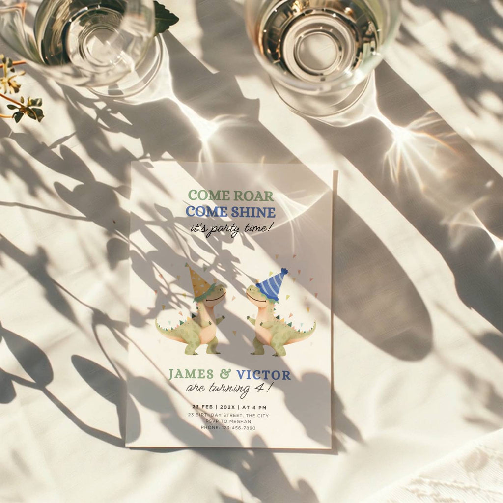 Dinosaur boy twins birthday invitation with cute party dinosaurs and colorful confetti