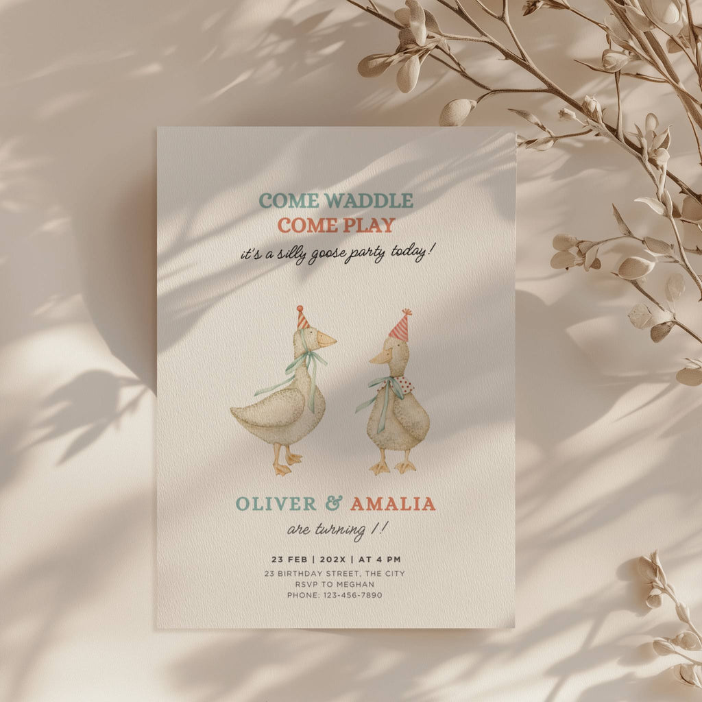 Silly goose twin birthday invitation with soft watercolor geese in a vintage style
