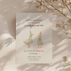 Silly goose twin birthday invitation with soft watercolor geese in a vintage style
