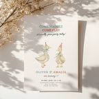 Silly goose twin birthday invitation with soft watercolor geese in a vintage style