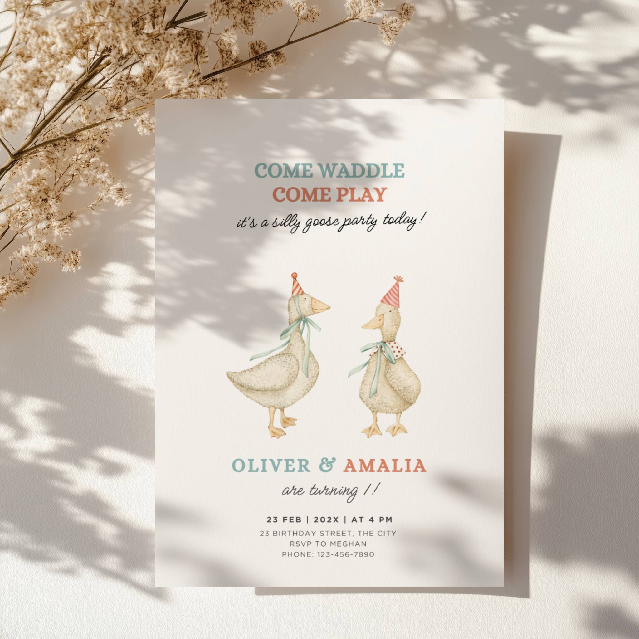 Silly goose twin birthday invitation with soft watercolor geese in a vintage style