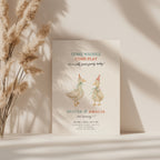 Silly goose twin birthday invitation with soft watercolor geese in a vintage style