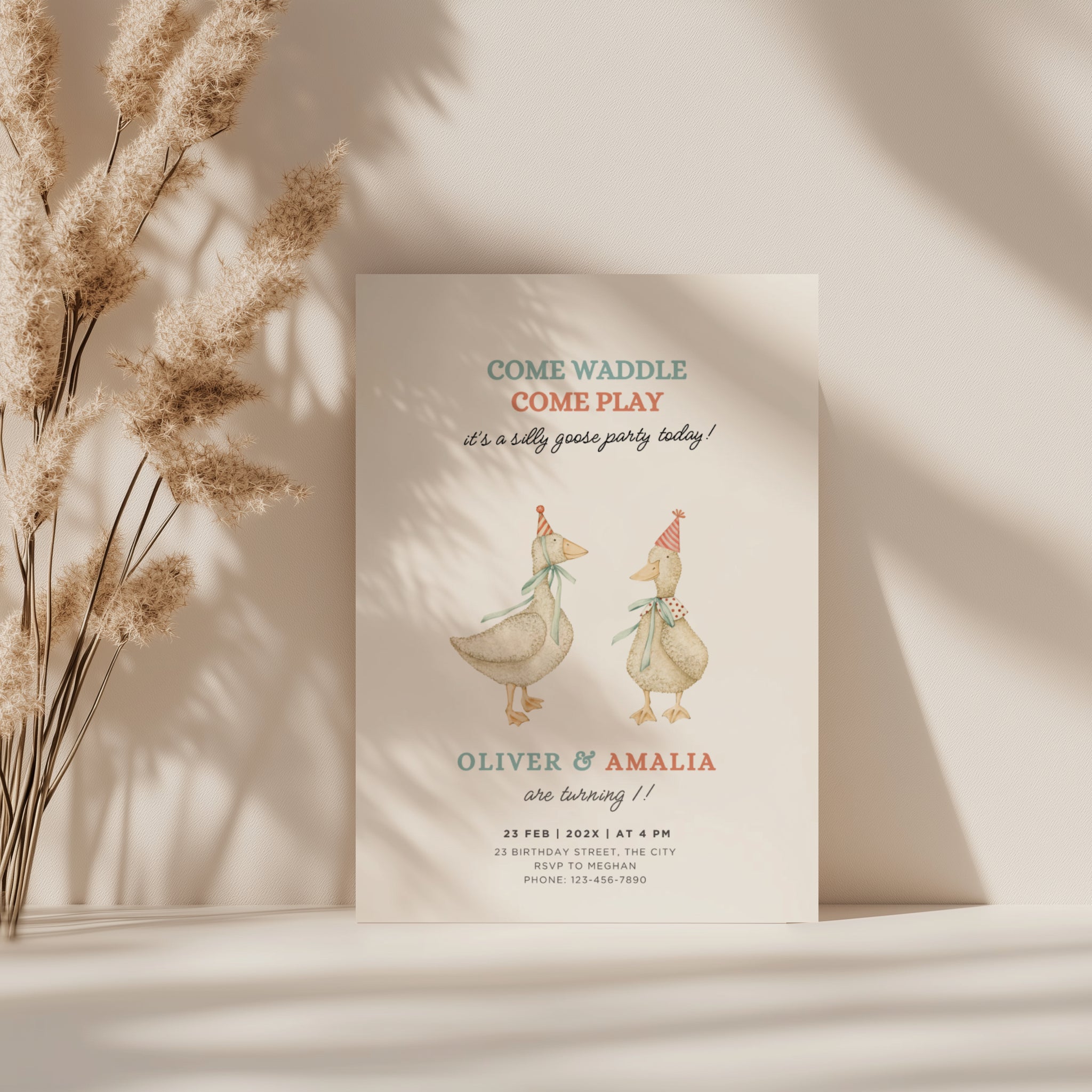 Silly goose twin birthday invitation with soft watercolor geese in a vintage style