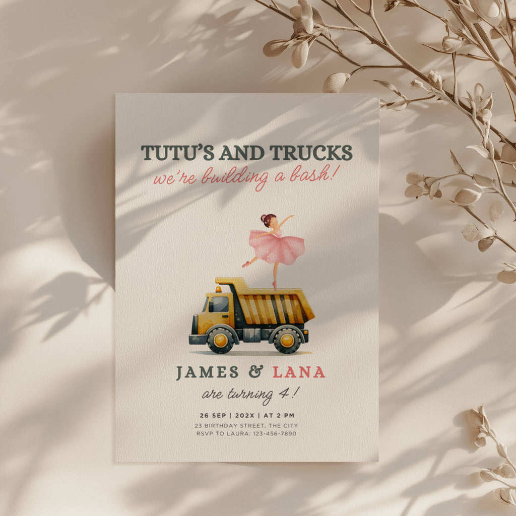 Tutus and trucks twin birthday invitation with ballerina and construction truck illustration