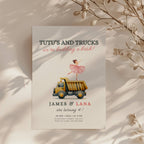 Tutus and trucks twin birthday invitation with ballerina and construction truck illustration