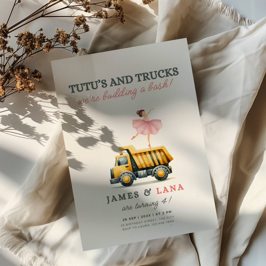 Tutus and trucks twin birthday invitation with ballerina and construction truck illustration