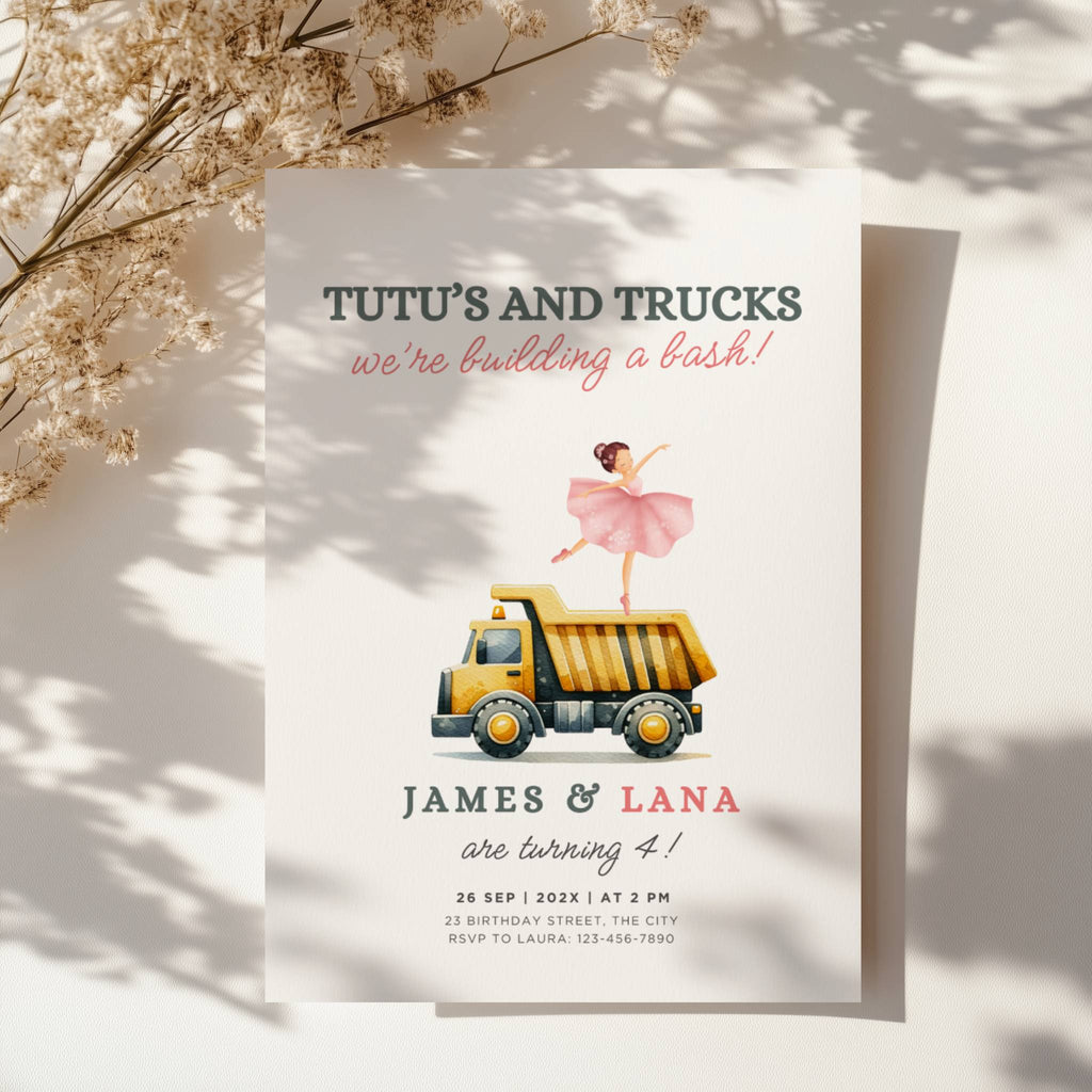 Tutus and trucks twin birthday invitation with ballerina and construction truck illustration