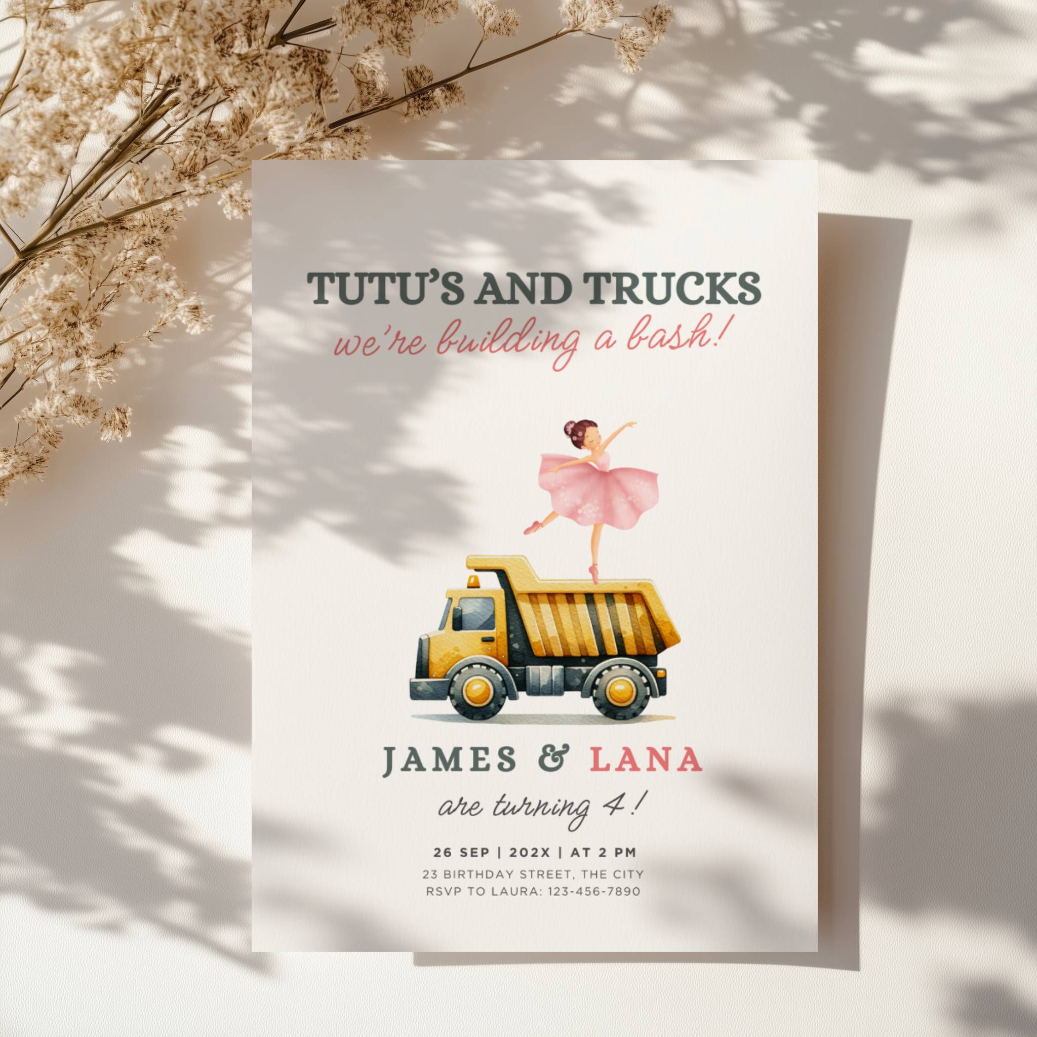 Tutus and trucks twin birthday invitation with ballerina and construction truck illustration