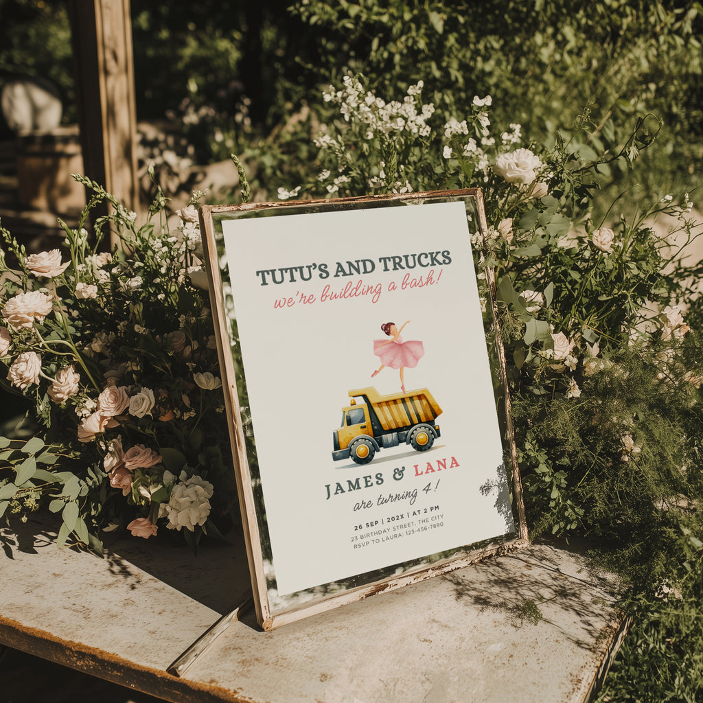 Tutus and trucks twin birthday invitation with ballerina and construction truck illustration