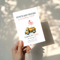 Tutus and trucks twin birthday invitation with ballerina and construction truck illustration