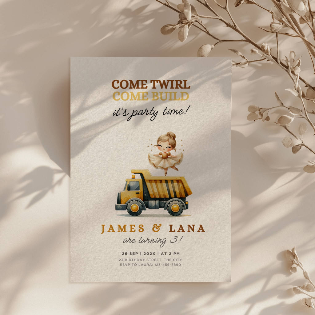 Trucks and tutus twin birthday invitation with ballerina and construction truck in soft gold tones