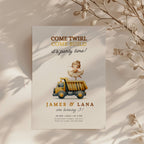 Trucks and tutus twin birthday invitation with ballerina and construction truck in soft gold tones