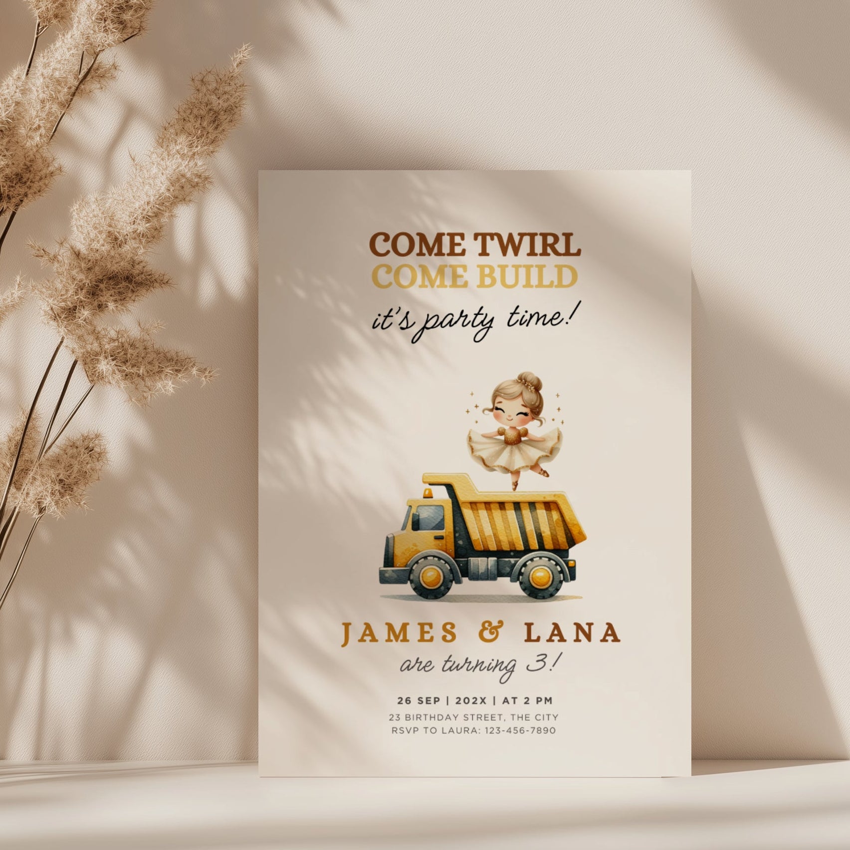 Trucks and tutus twin birthday invitation with ballerina and construction truck in soft gold tones