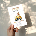 Trucks and tutus twin birthday invitation with ballerina and construction truck in soft gold tones