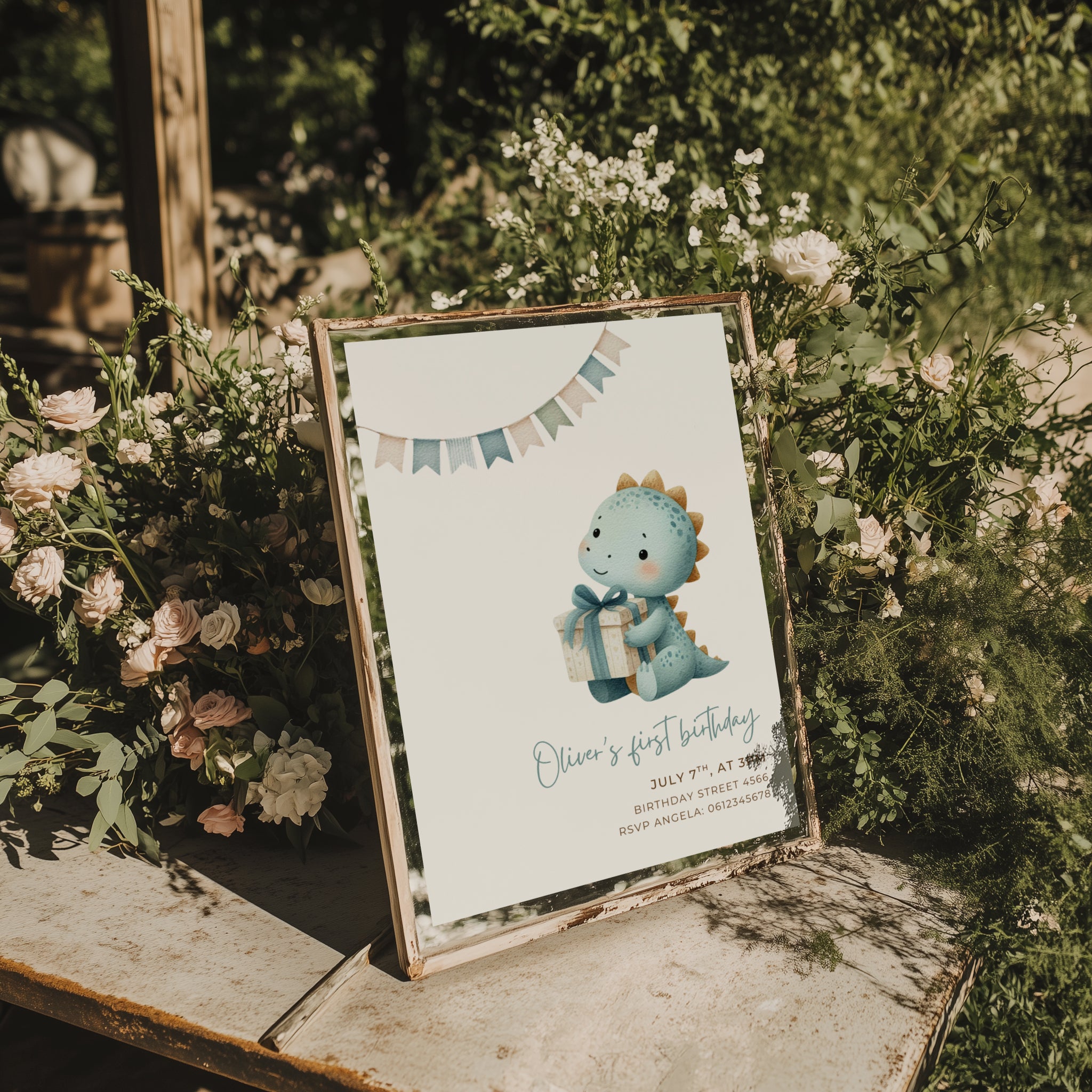 Dinosaur first birthday invitation with cute baby dinosaur holding a gift in soft pastel colors