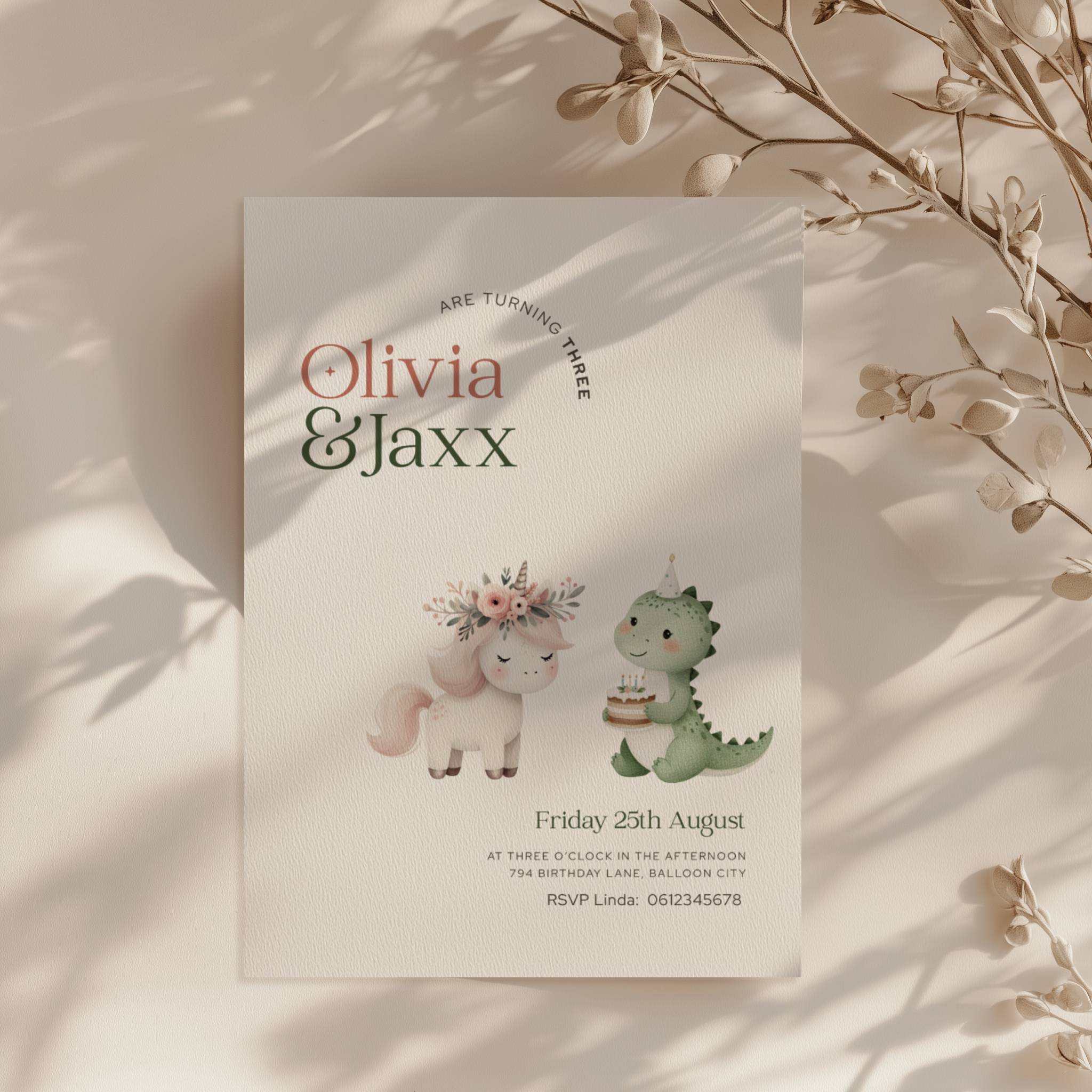 Unicorn dinosaur twins birthday invitation with cute pastel unicorn and dinosaur illustration