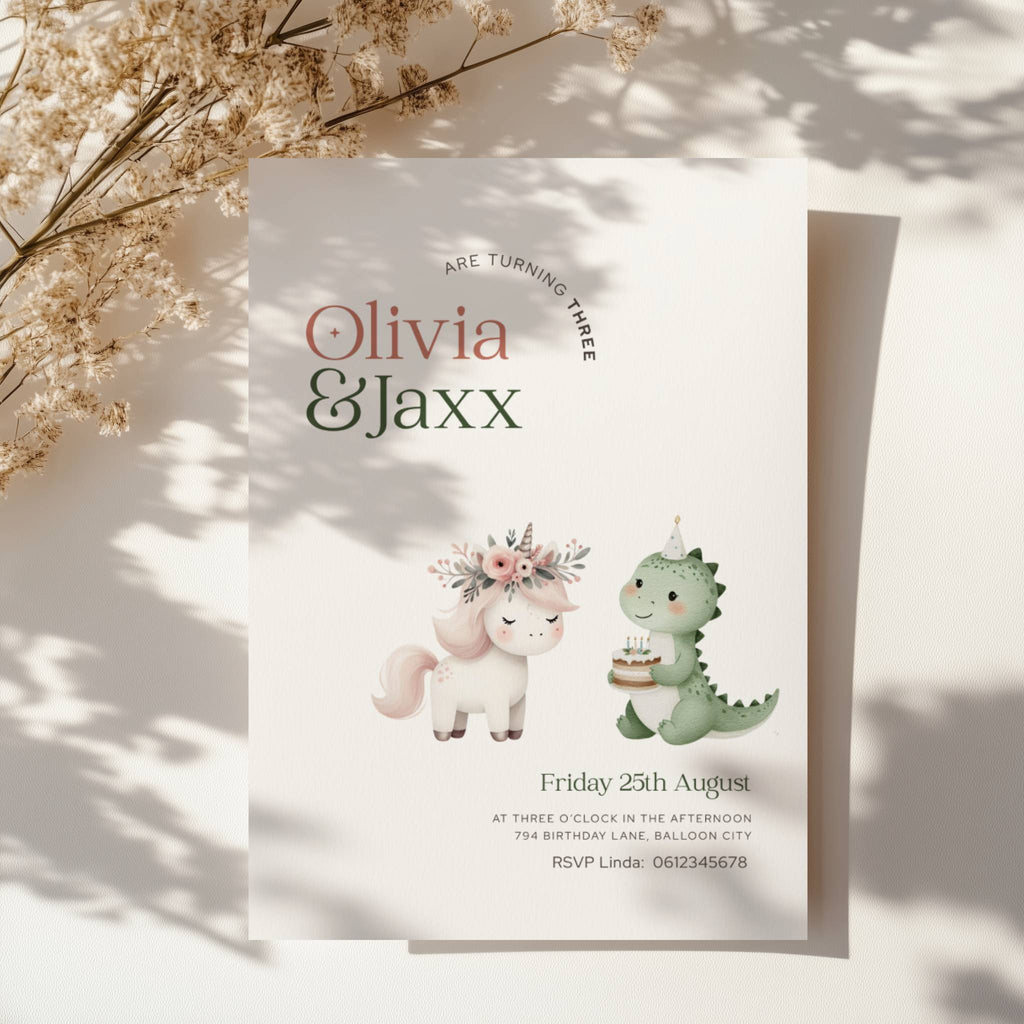 Unicorn dinosaur twins birthday invitation with cute pastel unicorn and dinosaur illustration