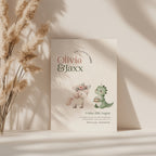 Unicorn dinosaur twins birthday invitation with cute pastel unicorn and dinosaur illustration
