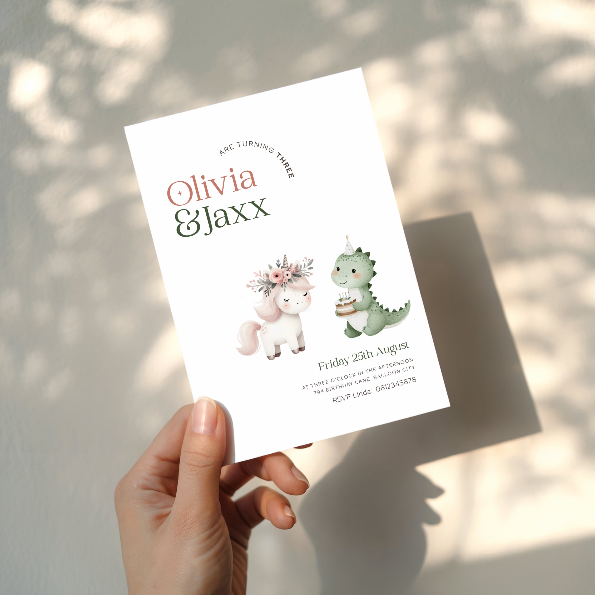 Unicorn dinosaur twins birthday invitation with cute pastel unicorn and dinosaur illustration