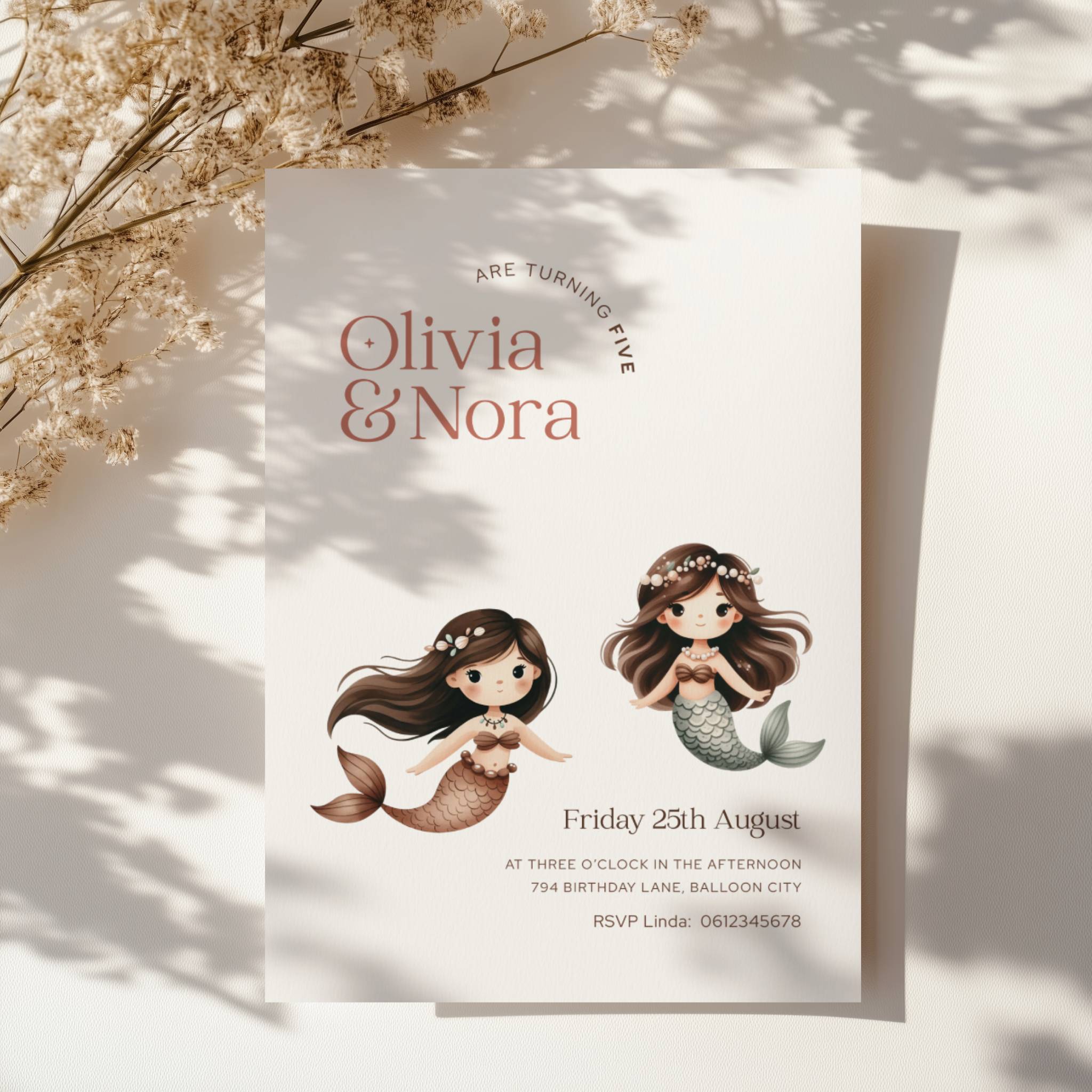 Mermaid twins birthday invitation with two cute mermaids for girl twins siblings or joint birthday celebration