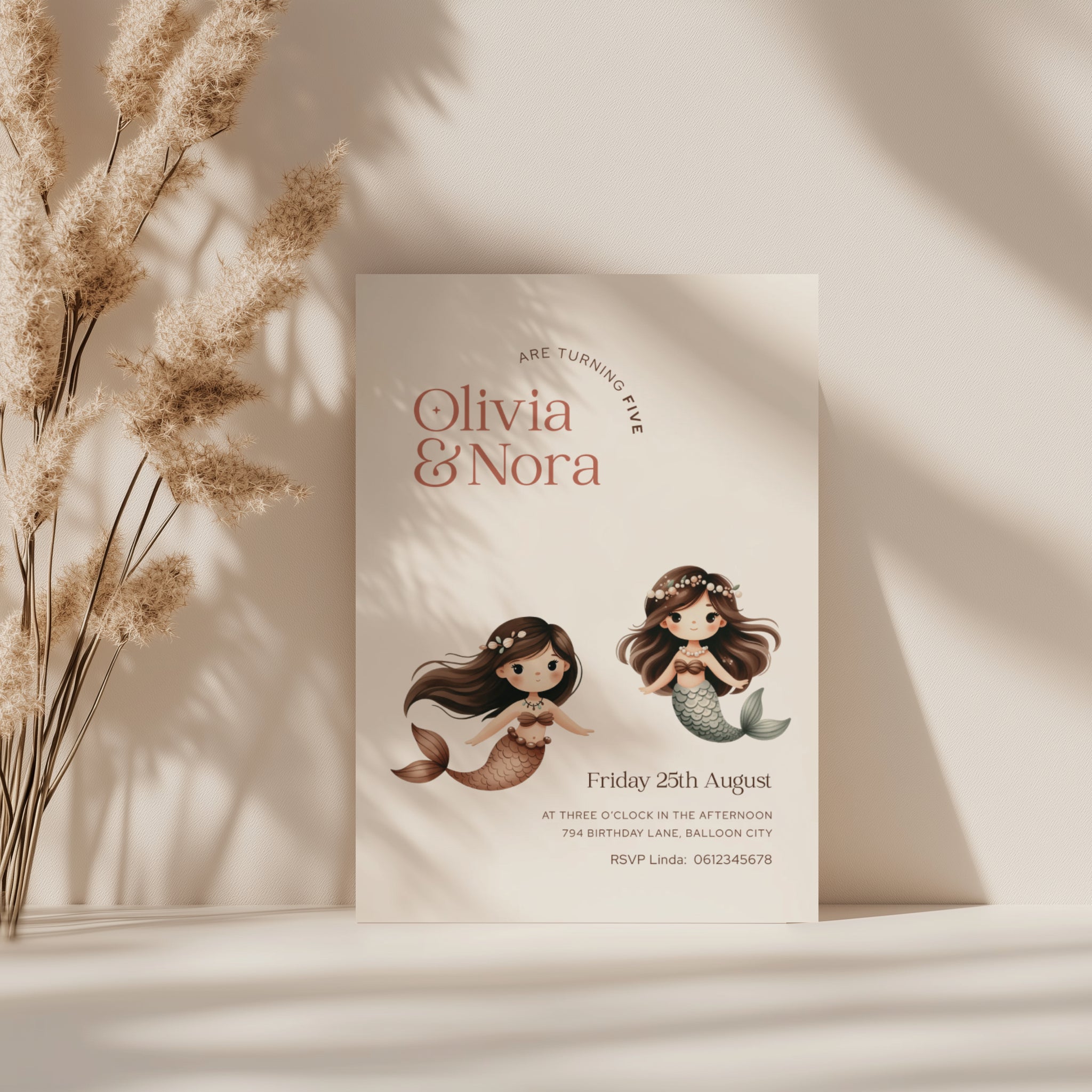 Mermaid twins birthday invitation with two cute mermaids for girl twins siblings or joint birthday celebration