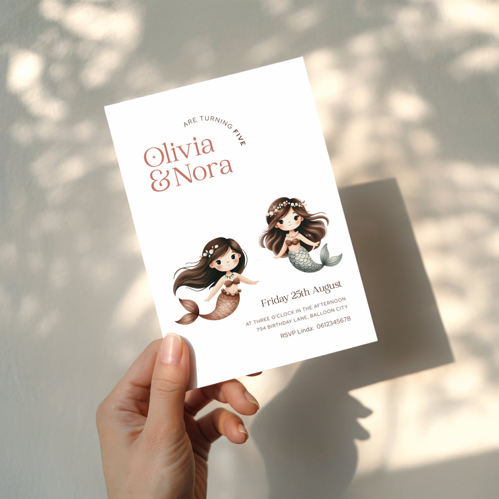 Mermaid twins birthday invitation with two cute mermaids for girl twins siblings or joint birthday celebration