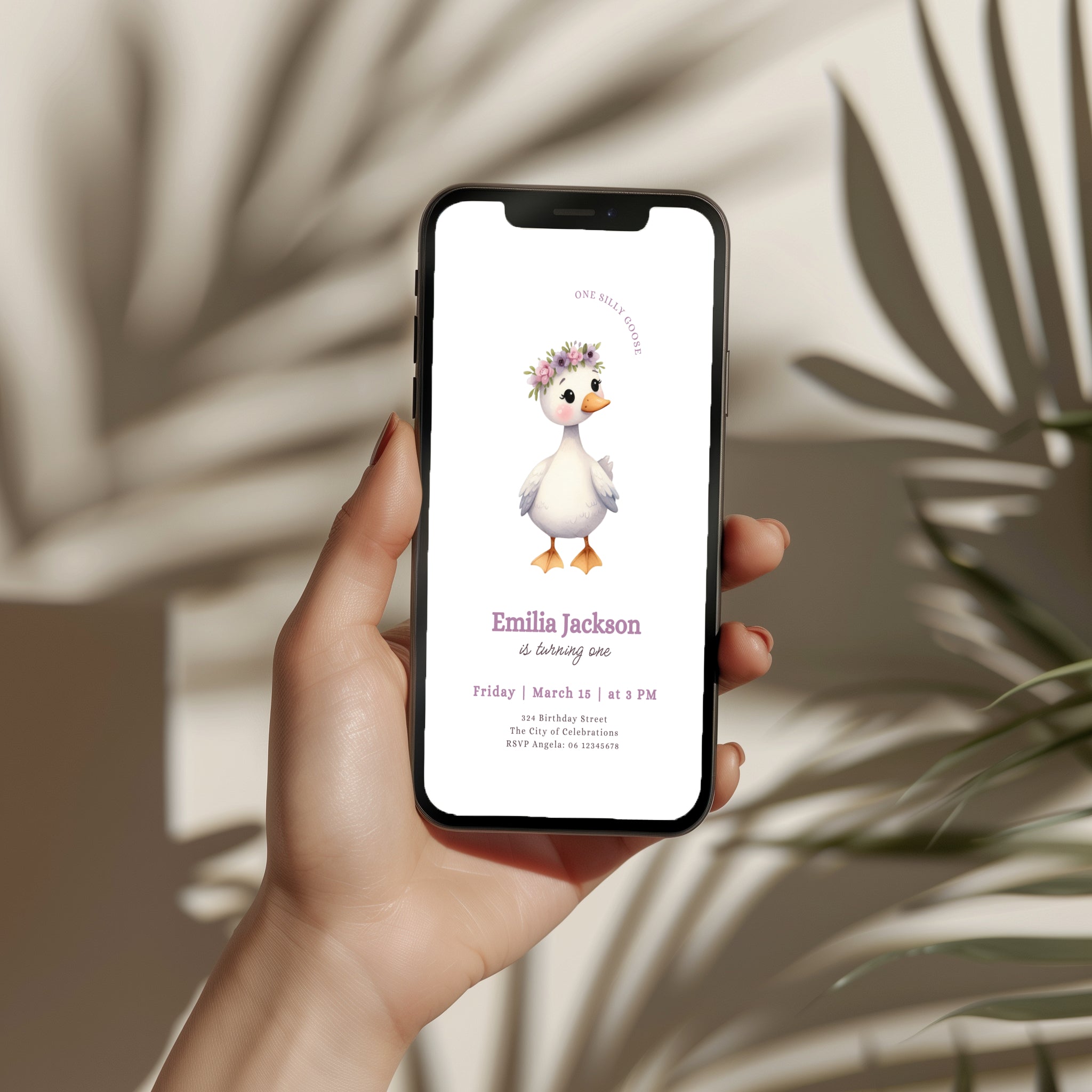 One silly goose first birthday invitation with cute goose wearing a floral crown for a girl birthday party