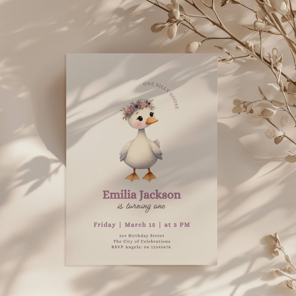 One silly goose first birthday invitation with cute goose wearing a floral crown for a girl birthday party
