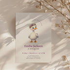 One silly goose first birthday invitation with cute goose wearing a floral crown for a girl birthday party