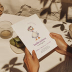 One silly goose first birthday invitation with cute goose wearing a floral crown for a girl birthday party