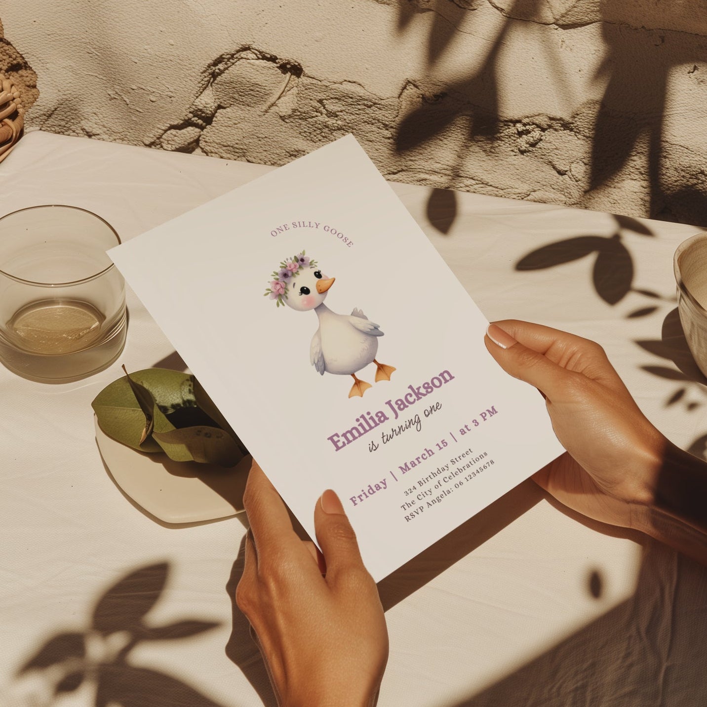One silly goose first birthday invitation with cute goose wearing a floral crown for a girl birthday party