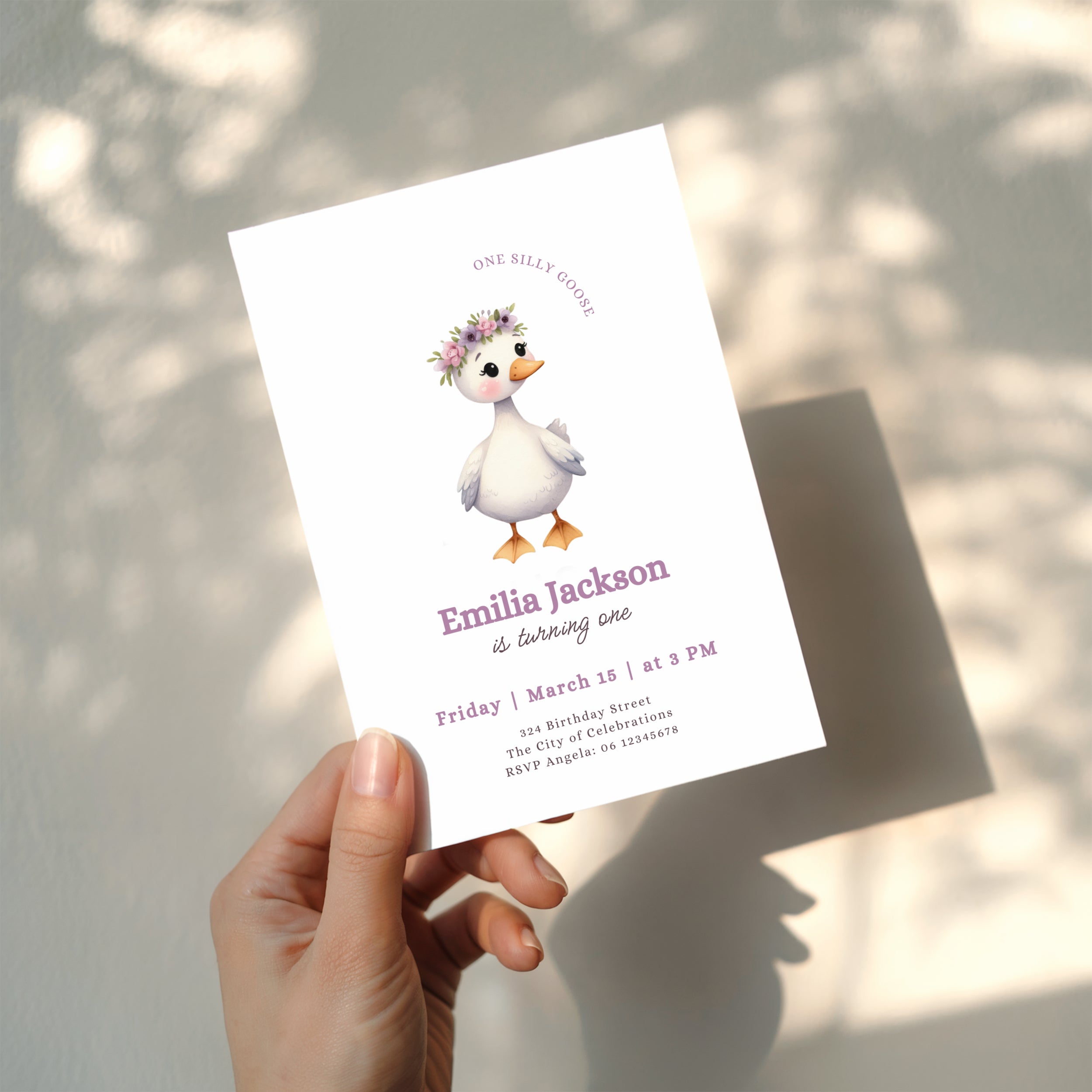One silly goose first birthday invitation with cute goose wearing a floral crown for a girl birthday party
