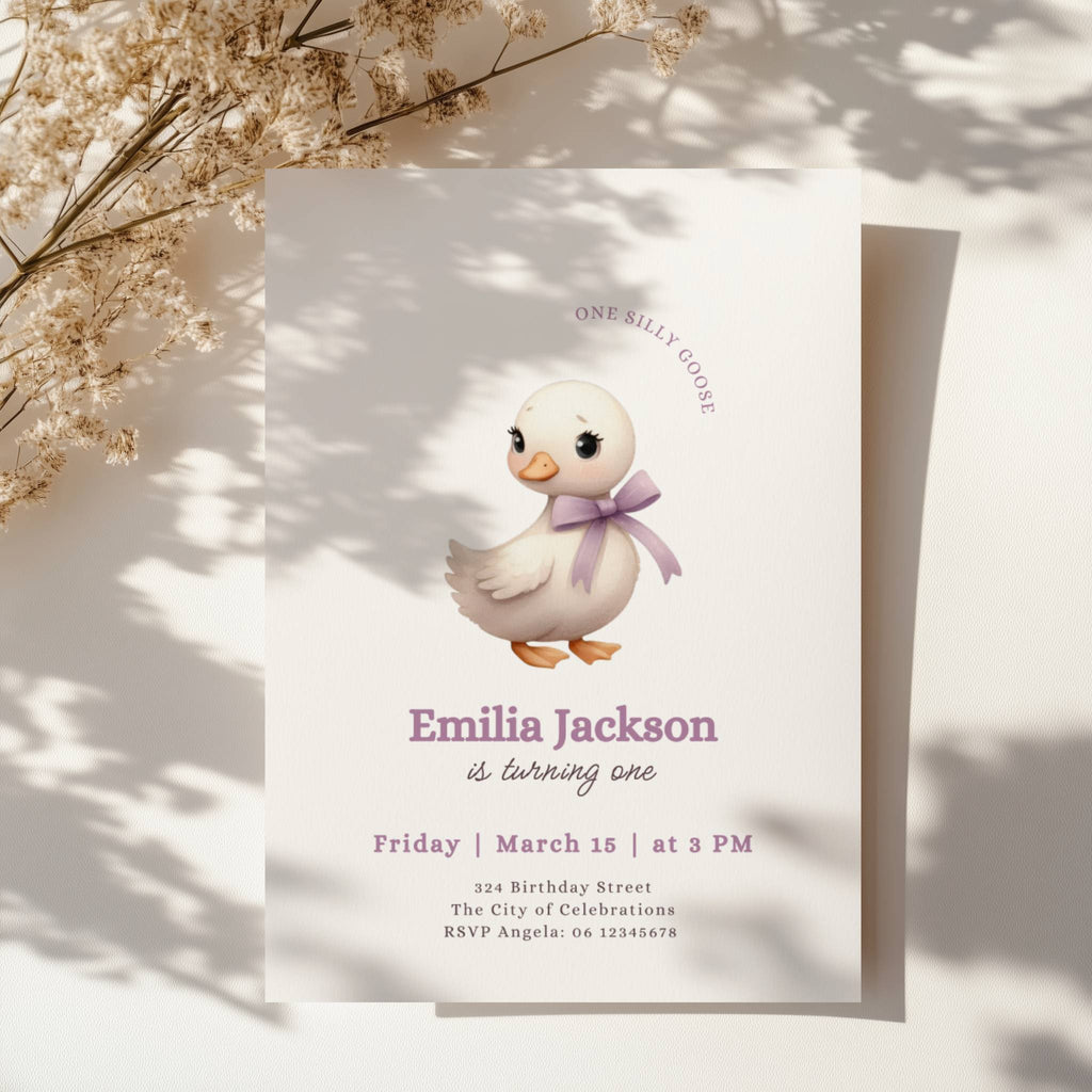 One silly goose first birthday invitation with cute goose wearing a bow for a girl birthday party