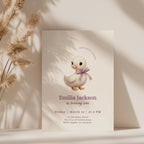One silly goose first birthday invitation with cute goose wearing a bow for a girl birthday party