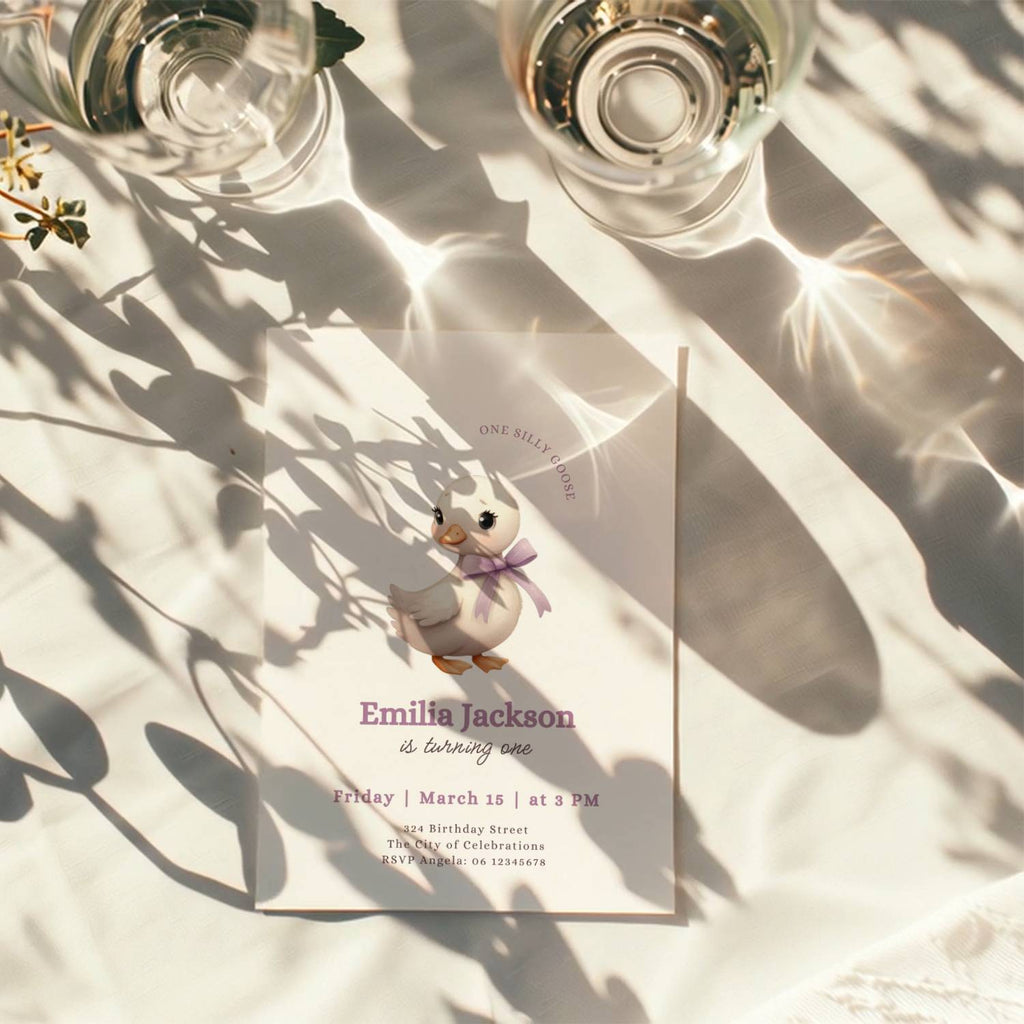 One silly goose first birthday invitation with cute goose wearing a bow for a girl birthday party