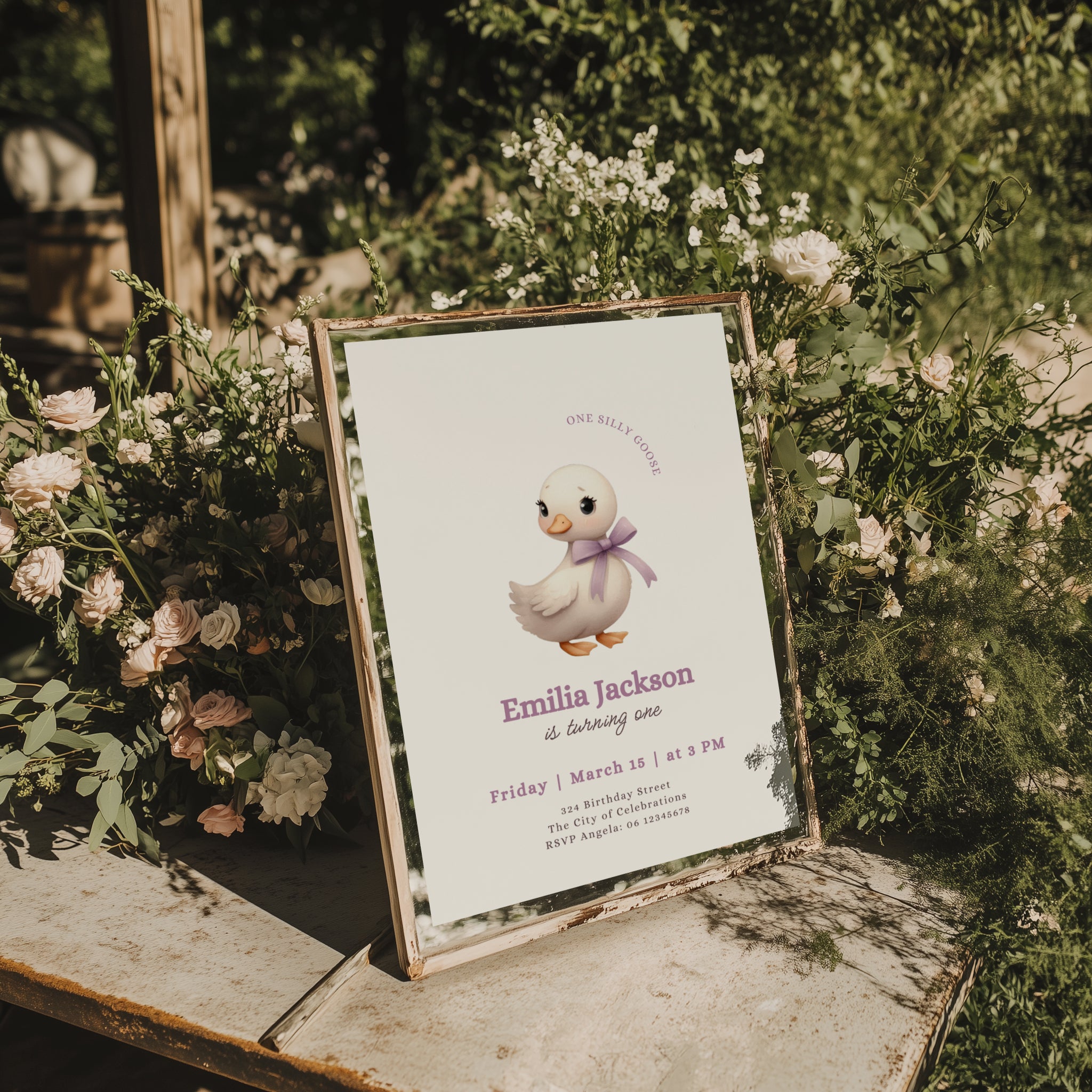 One silly goose first birthday invitation with cute goose wearing a bow for a girl birthday party